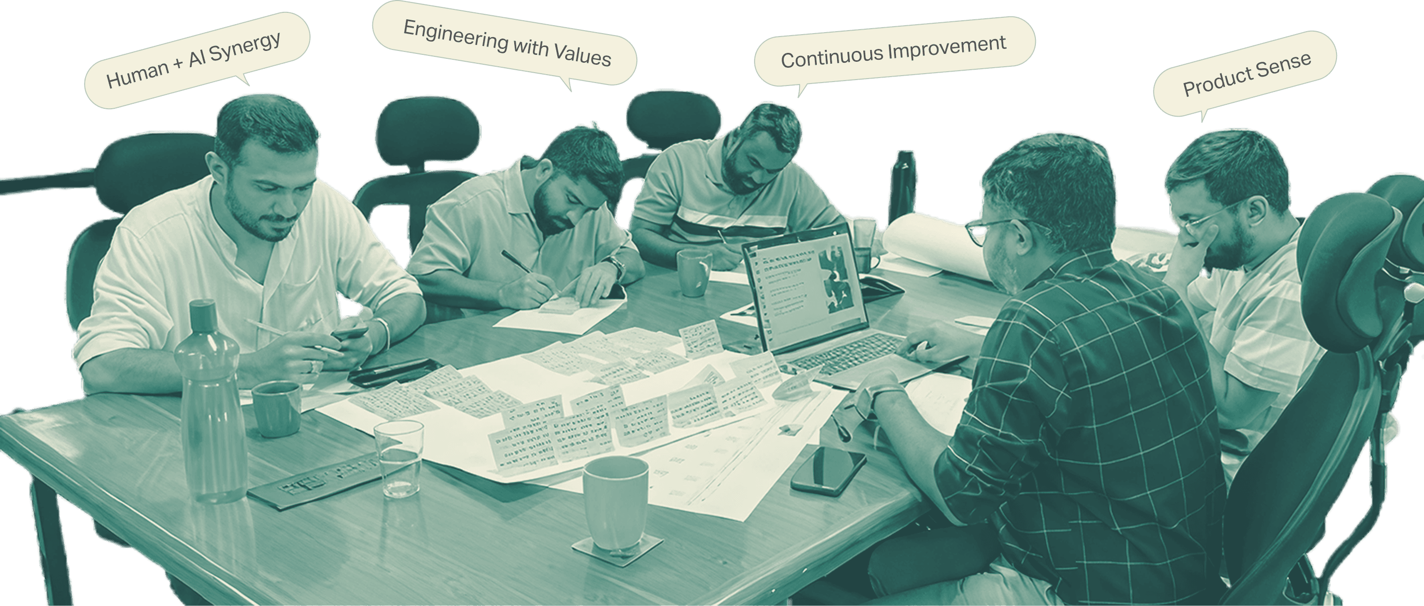 Avesta engineers working through a problem together, annotated with the four things the team holds itself to: human and AI synergy, engineering with values, continuous improvement, and product sense