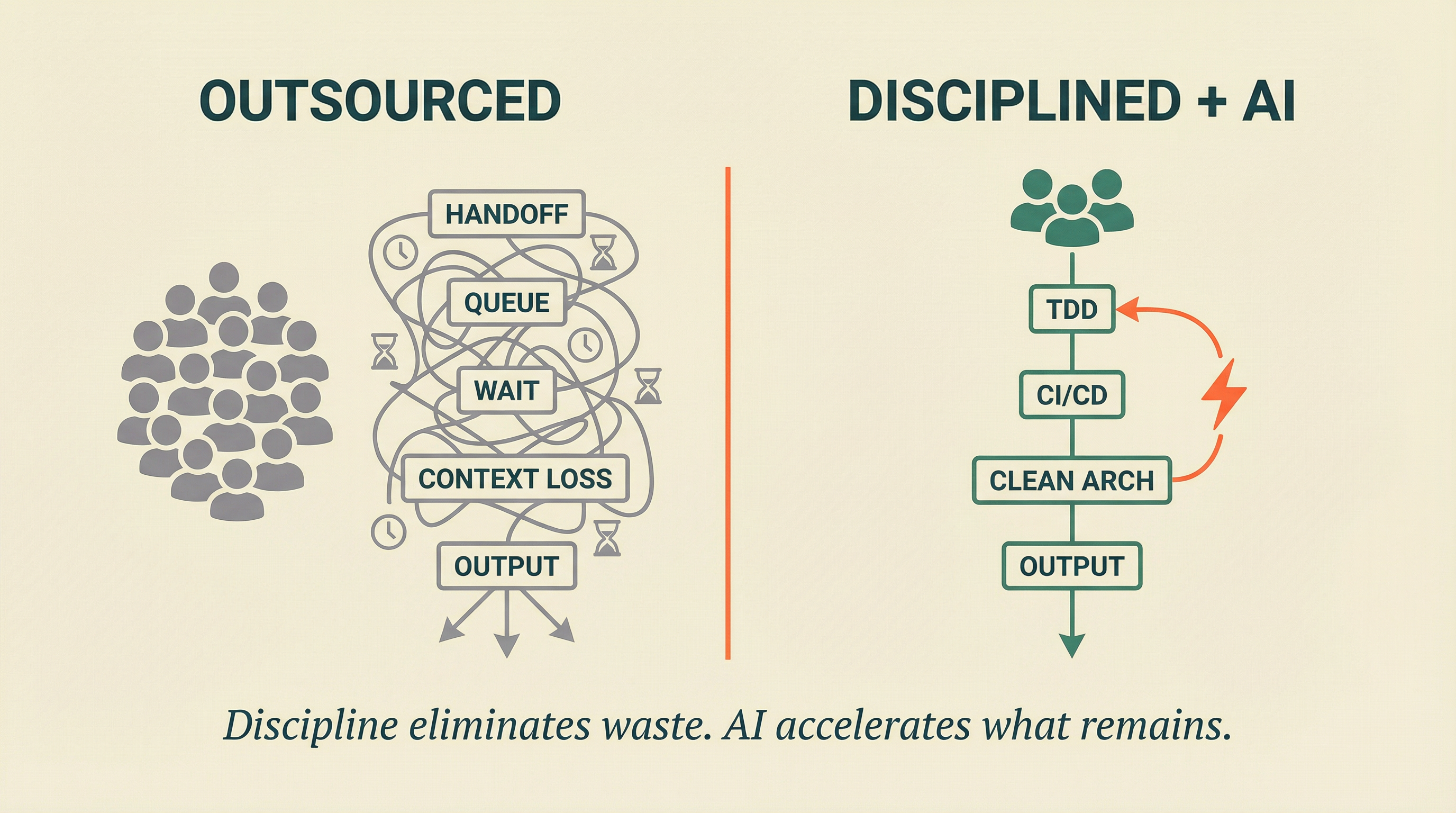 Comparison visualization showing outsourced team overhead versus small AI-native team efficiency