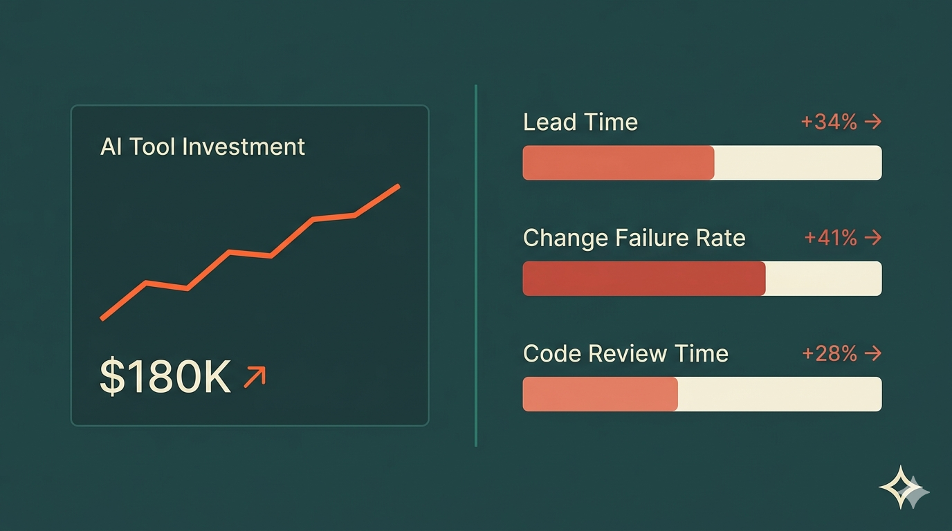 Dashboard showing AI tool investment costs rising while delivery metrics decline