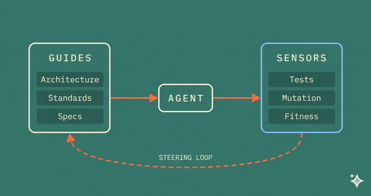 Diagram mapping harness engineering concepts to a working implementation — guides and sensors forming a closed regulation loop