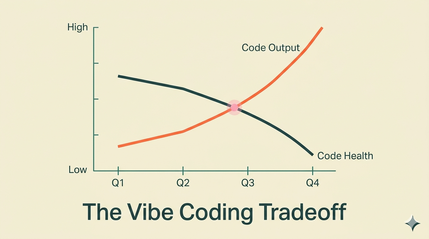 AI-generated code accumulating as technical debt, showing the gap between perceived productivity and actual codebase health