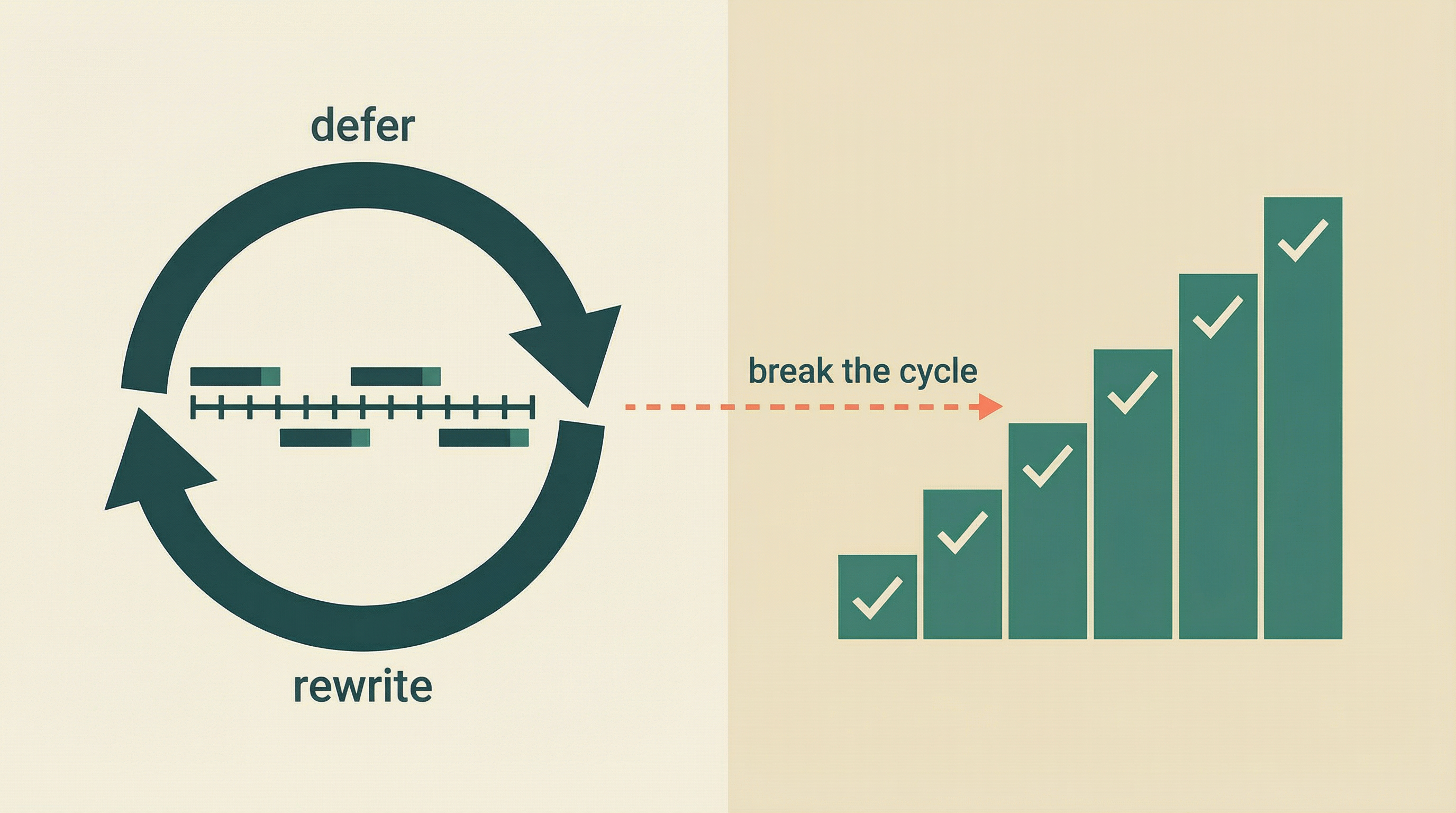Diagram showing the rewrite trap cycle where deferred improvement compounds technical debt while the rewrite horizon retreats